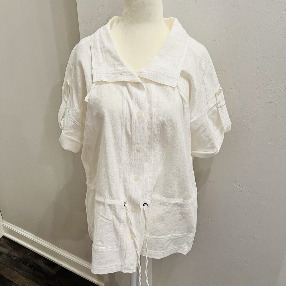 Chicos Button Shirt Sz 2 L Solid White 100% Linen Short Sleeve Blouse Top